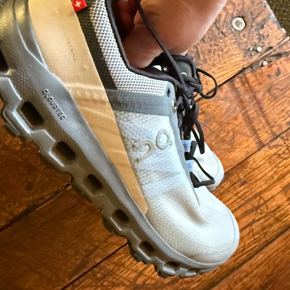 On Running Gray and Blue Athletic Shoes with Cloud-Like Sole